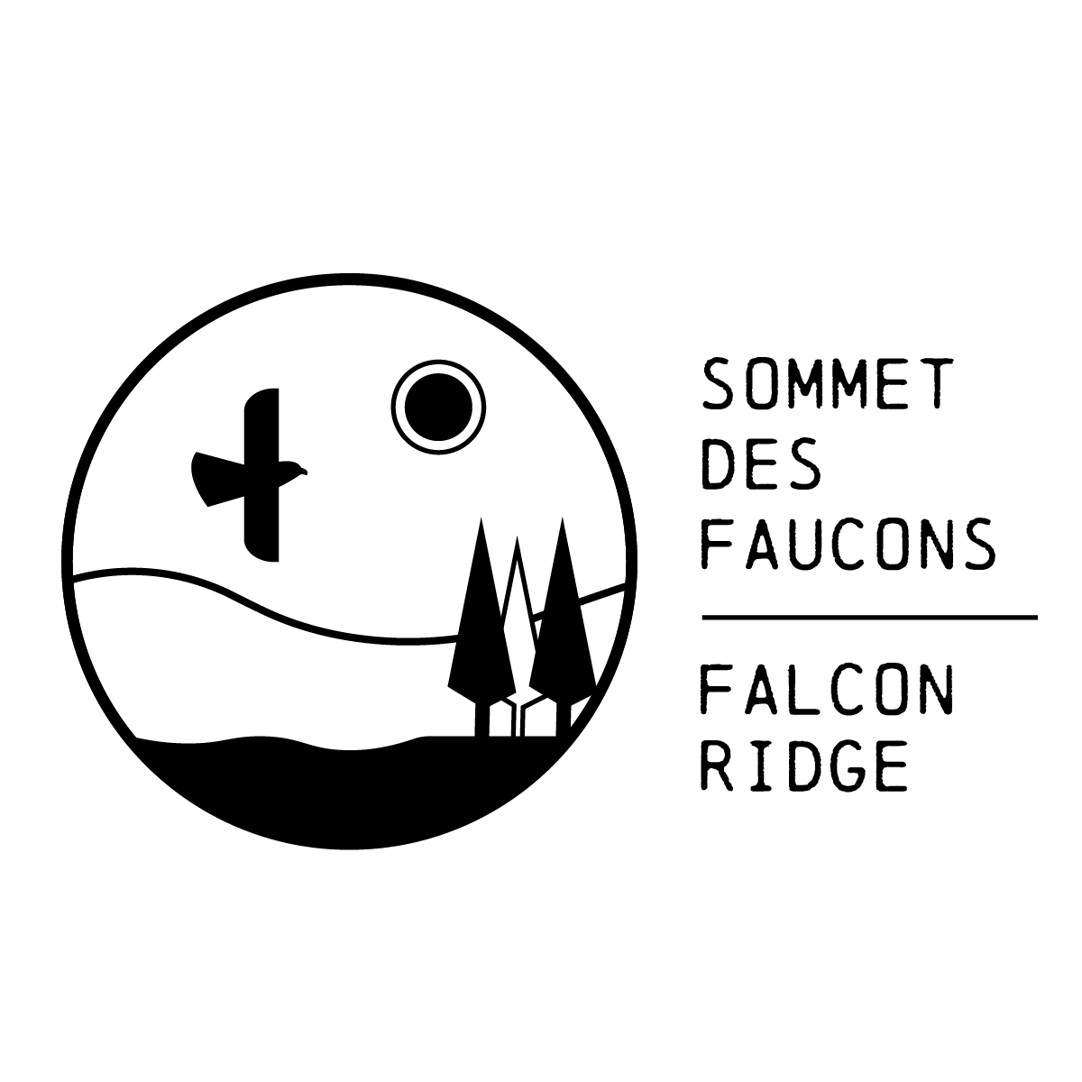 Un logo noir et blanc pour le sommet des faucons falcon ridge.