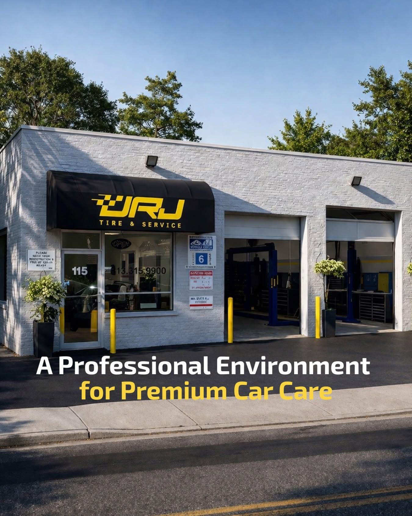 Exterior of a car care shop with a black-and-gold sign | JRJ Tire & Service
