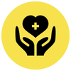 Yellow circle with black hands holding a heart and medical cross icon