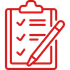 Red checklist clipboard with pencil icon on white background
