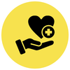 Yellow icon of a hand holding a heart with a medical cross badge