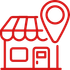 Red storefront icon with a location pin marker