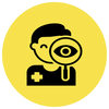 Black doctor icon with magnifying glass on a yellow circle background