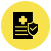 Yellow medical icon with a black first-aid document, shield, and checkmark