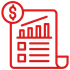 Red financial report icon with dollar sign, bar chart, and checklist on a document