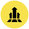 Black three-pronged upward arrow symbol in a yellow circle