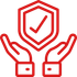 Red shield with checkmark held by two red outlined hands, symbolizing security or protection