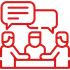 Red outline icon of three people in a meeting with two speech bubbles above them.
