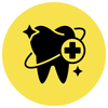 Black tooth with medical cross and sparkles inside a yellow circle icon