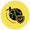 Yellow circle with black globe, airplane, dotted flight path, and shield checkmark icon