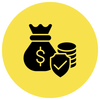 Yellow circle with money bag, shield, and coins icon suggesting secure finances