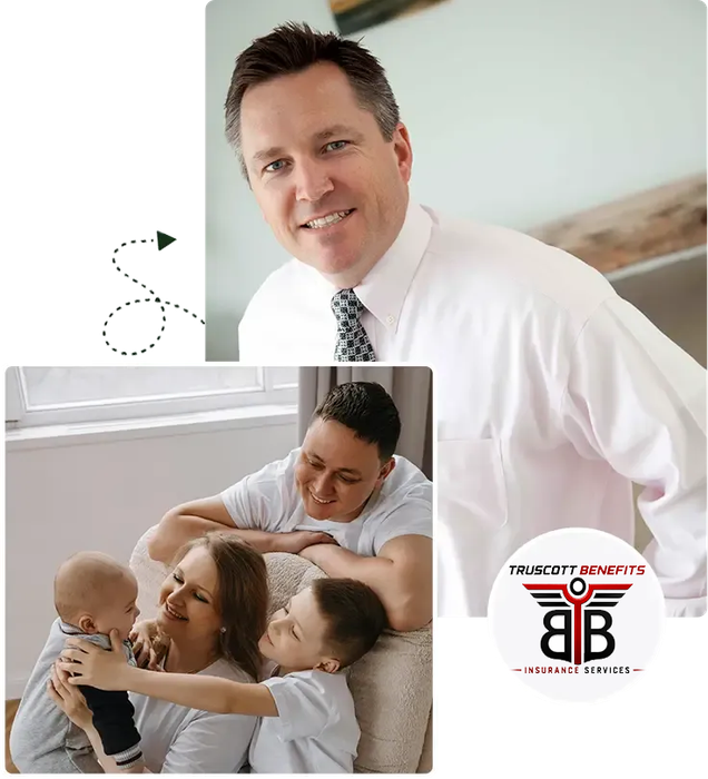 Healthcare provider collage with doctor portrait, family hug, and medical staff logo