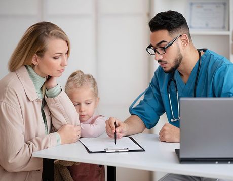 Three people reviewing a document at a desk with a laptop in a bright office