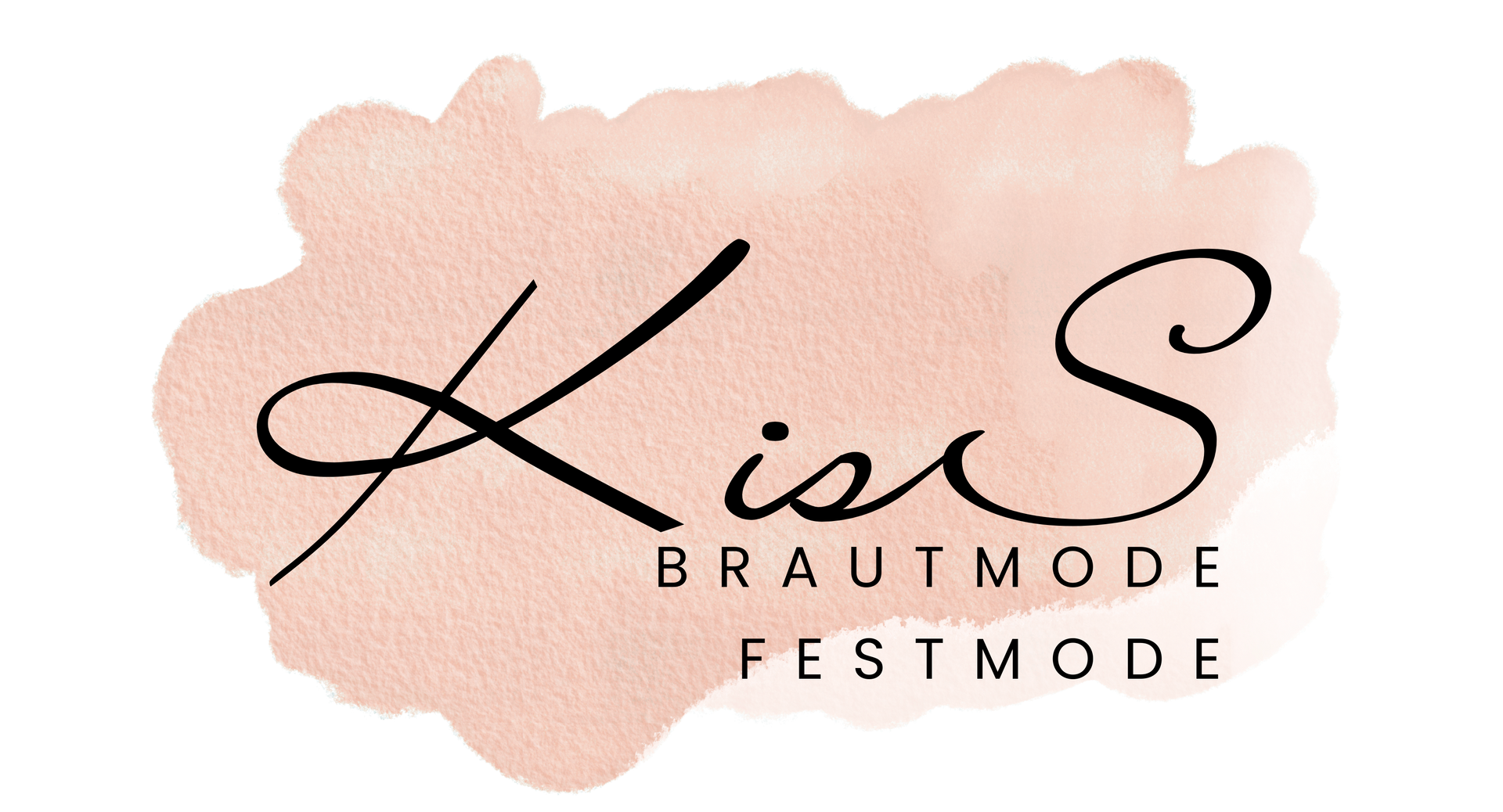 Brautmodenhaus seit 2006 Logo mit der Aufschrift „Kis“ auf pfirsichfarbenem Aquarellhintergrund mit dem Schriftzug „BRAUTMODE FESTMODE“ darunter