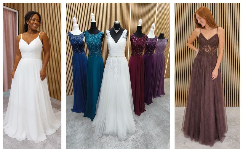Hochzeitskleider werden an Schaufensterpuppen präsentiert und von Models in weißen, blauen und violetten Roben getragen.