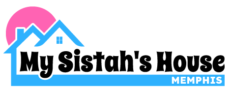Logo for My Sistah's House Memphis with pink house and blue roof icon