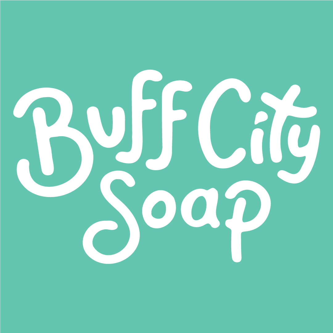 Buff City Soap logo in white hand-drawn lettering on a teal background