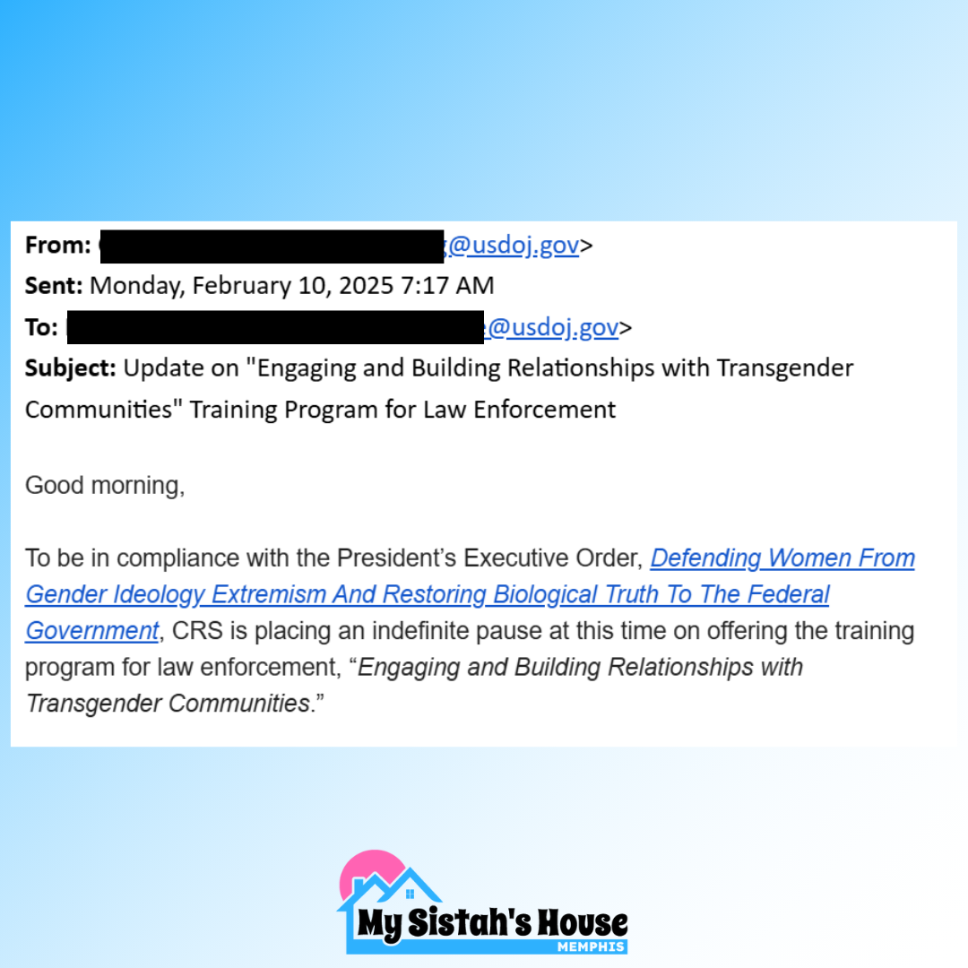 Email screenshot about training postponement, with My Sistah's House logo at the bottom.
