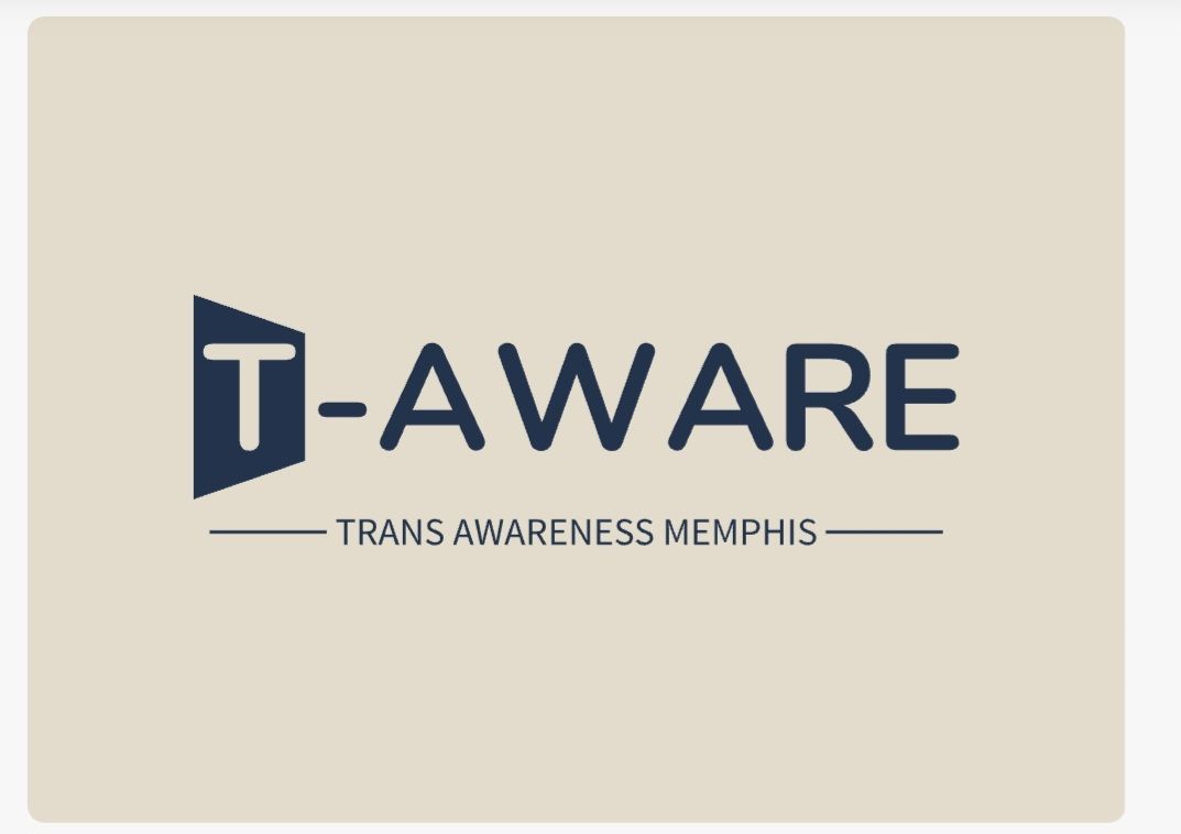 T-AWARE logo in navy and gray with “Trans Awareness Memphis” on a beige background
