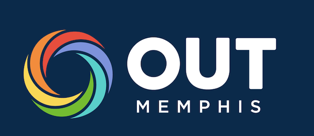 OUT Memphis logo with a multicolor circular swirl on a dark blue background