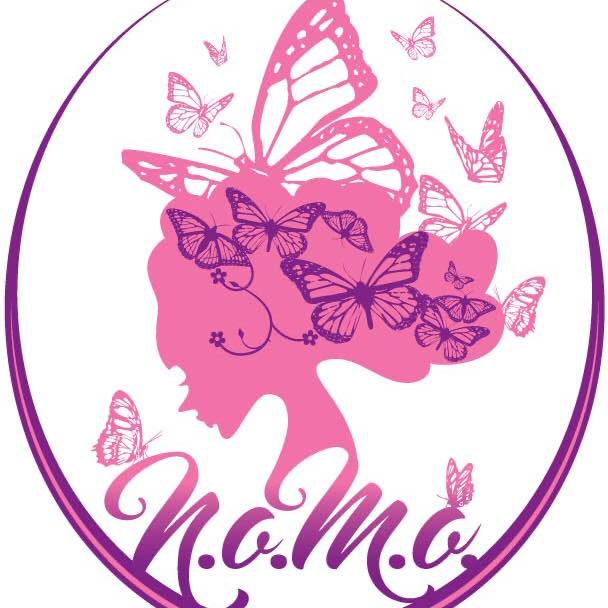 Pink butterfly logo with woman’s profile and “N.o.m.o” text in a purple oval frame