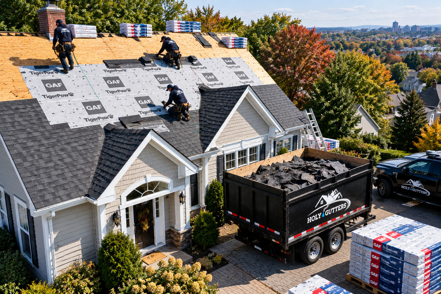 Roofers repairing a house roof beside a truck and stacked shingles
