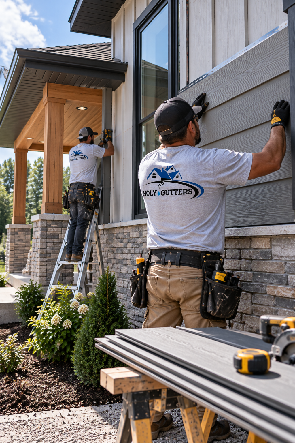Roofing crew installing shingles on a house roof with stacked materials nearby