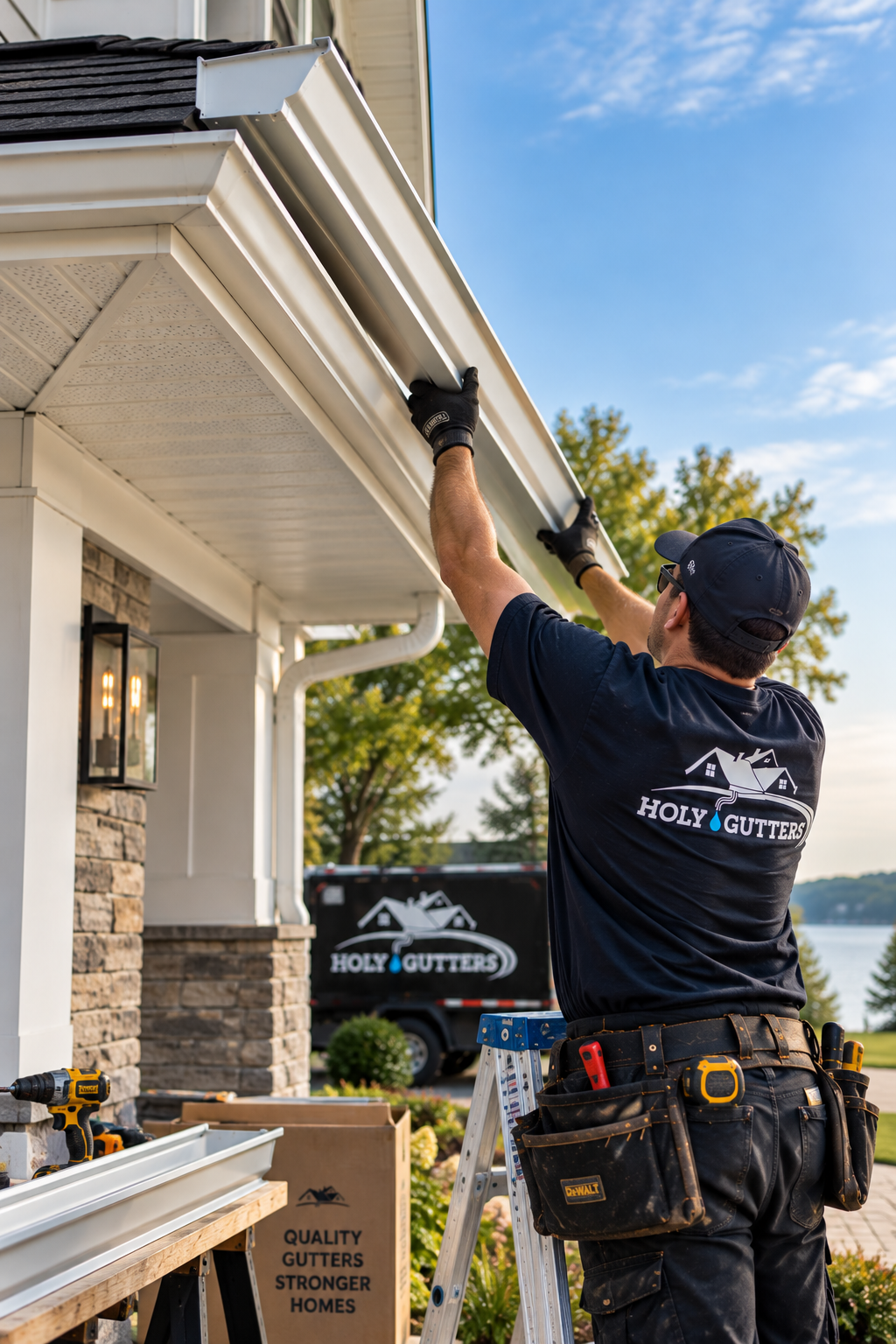 Roofing crew installing shingles on a house roof with stacked materials nearby
