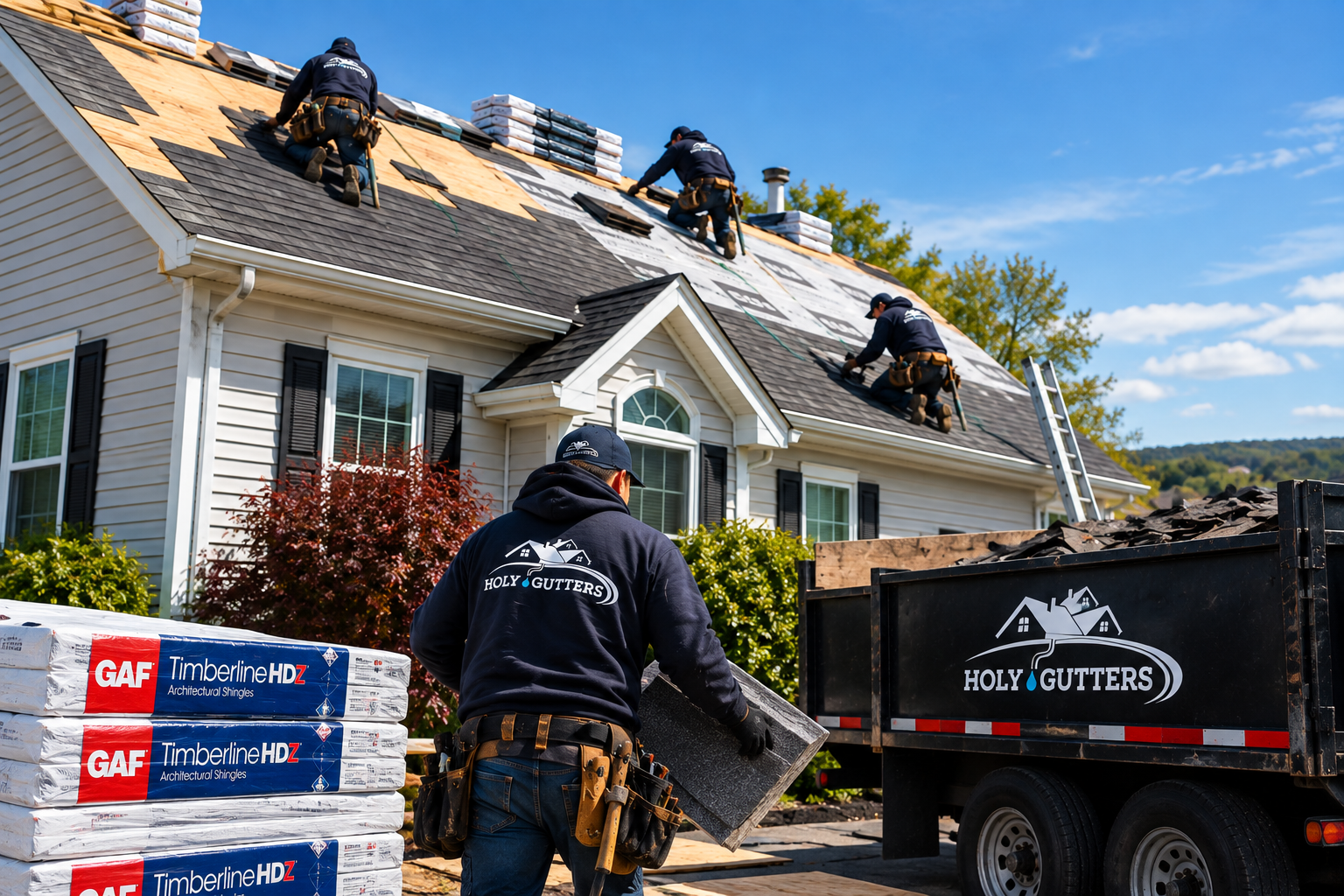 Roofers repairing a house roof beside a truck and stacked shingles