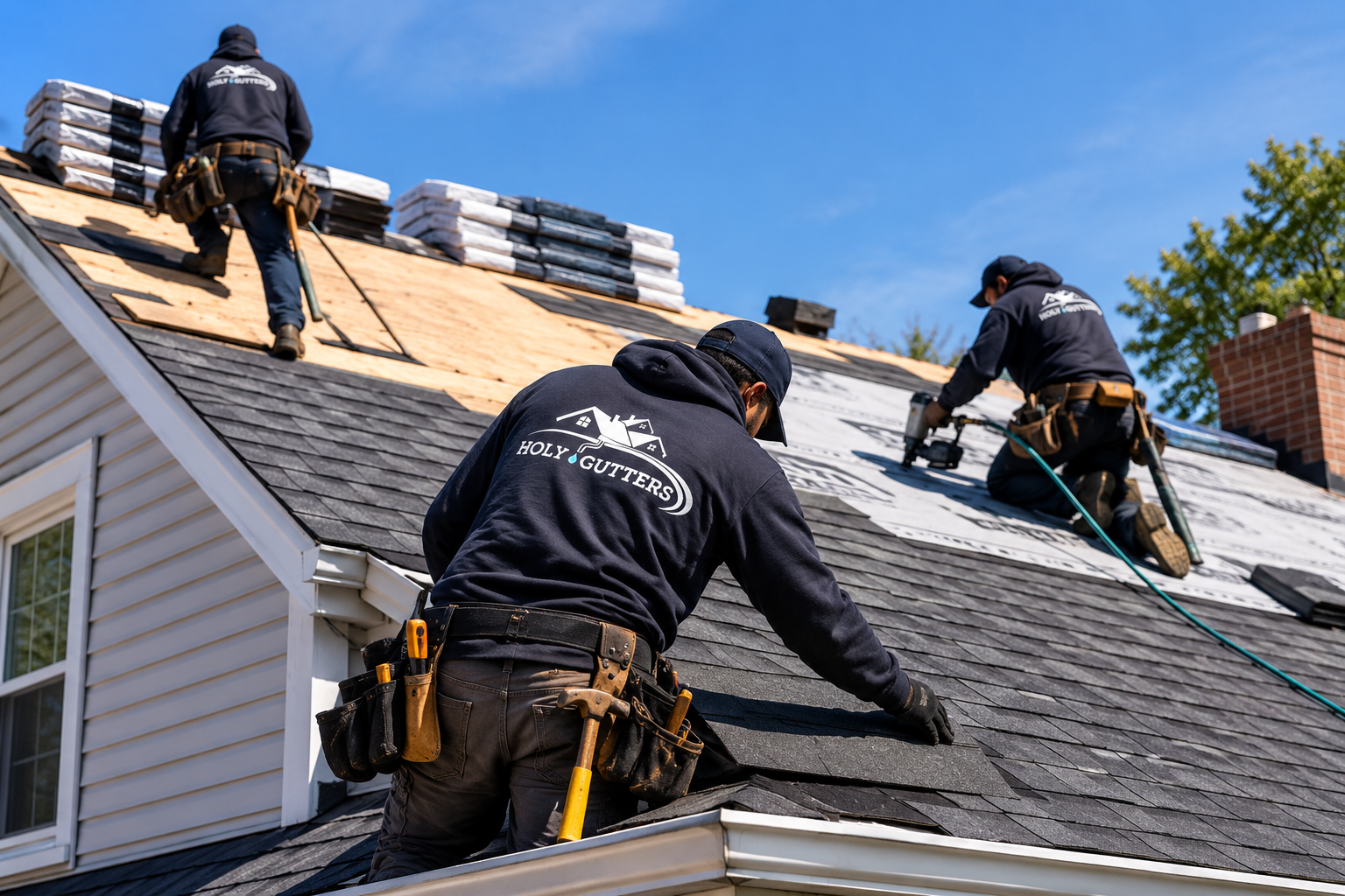 Roofing crew installing shingles on a house roof with stacked materials nearby