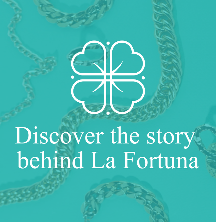 A blue background with a white logo that says discover the story behind la fortuna