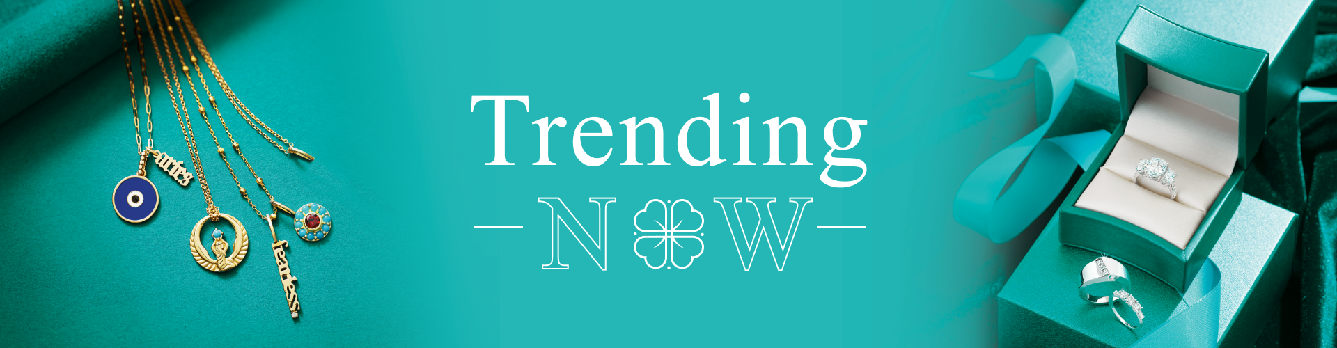 A picture of a necklace and a ring with the words trending now written on it.