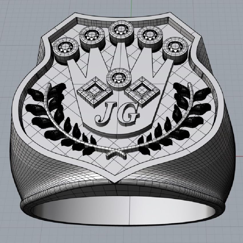 A 3d model of a ring with the initials jg