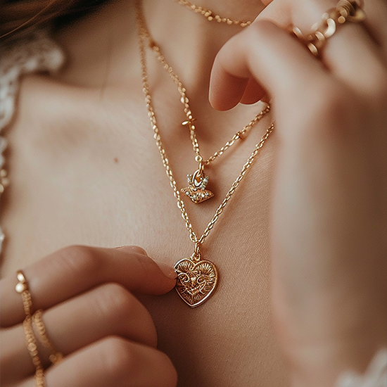 A woman wearing a necklace with a heart shaped pendant