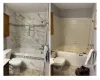 Before-and-after photo of a bathroom remodel showing a new marble-tiled tub surround replacing old, discolored square tiles.