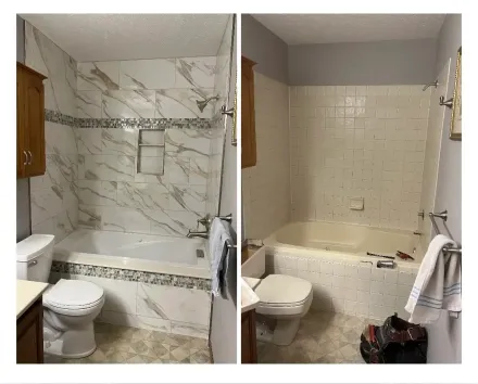 Before and after photos of a bathroom showing a tub surround renovation with marble-patterned tiles replacing old tiles.