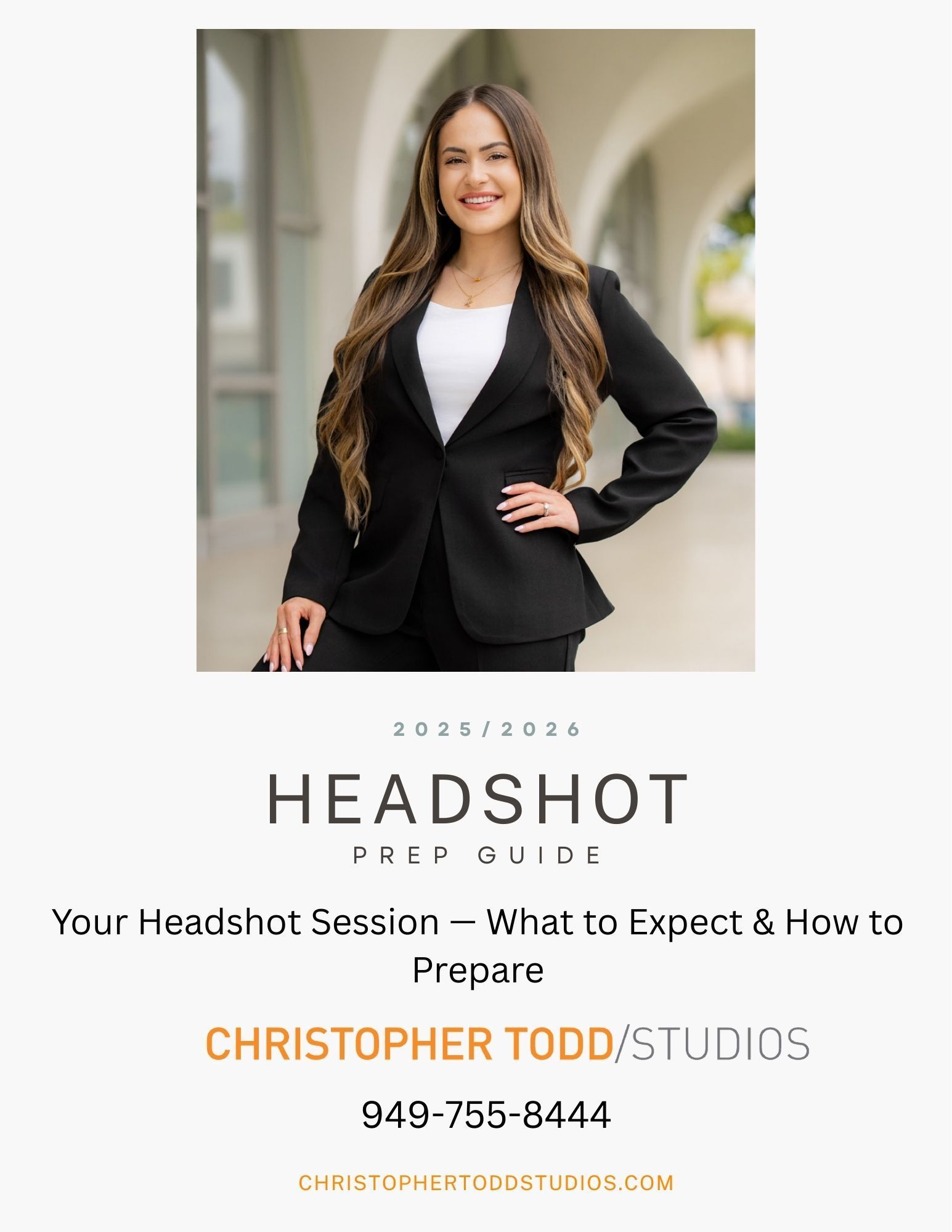 Headshots prep guide Orange County Headshot prep guide. Woman in a suit, with text about headshots and studio info.