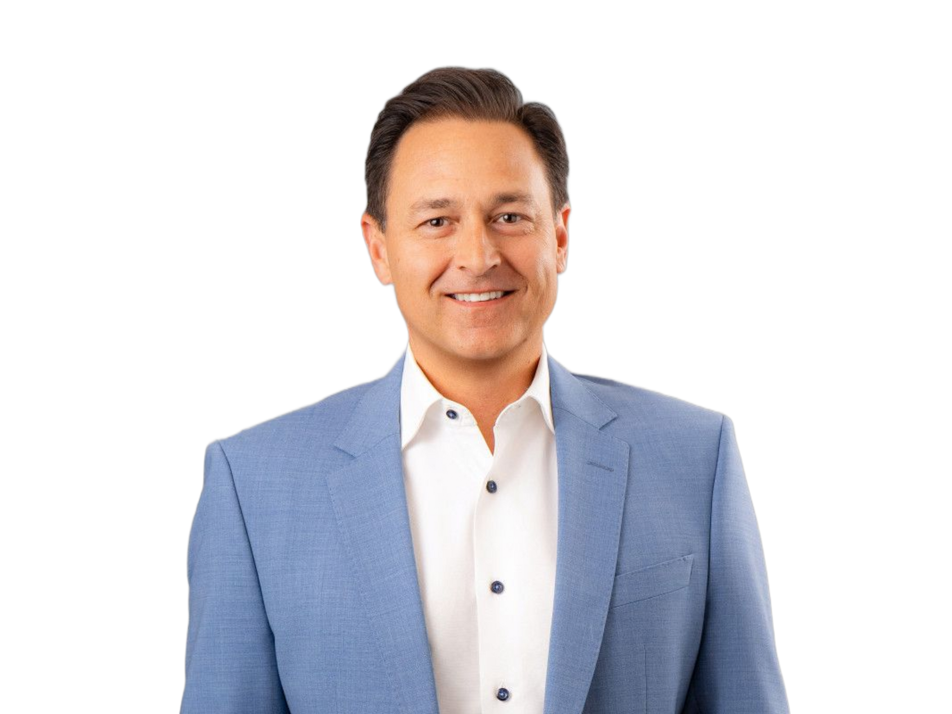 Smiling man in a light blue blazer and white shirt against a white background Male physician professional headshot, Orange County CA