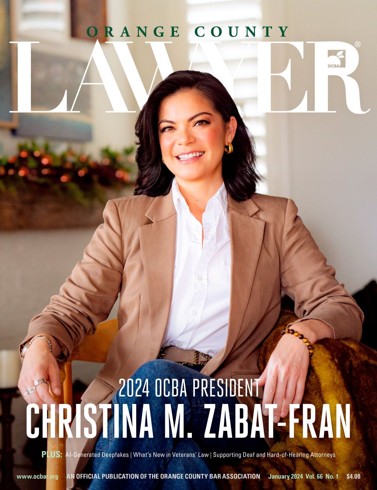 magazine cover of orange county attorney wearing brown blazer for ocba magazine