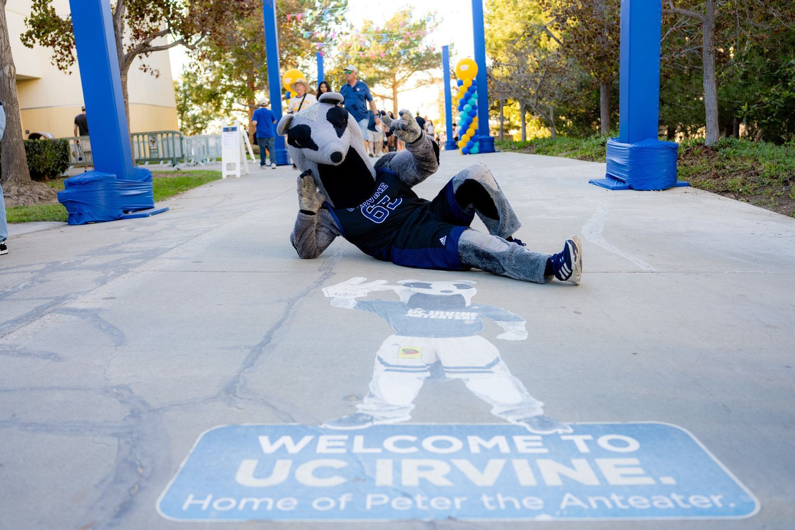 Anteater mascot posing on UCI walkway with “Welcome to UCI pavement sign, blue columns and trees in background