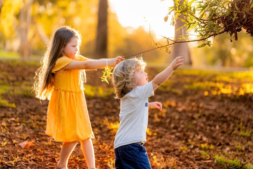 A boy and a girl play with a tree branch in a park.