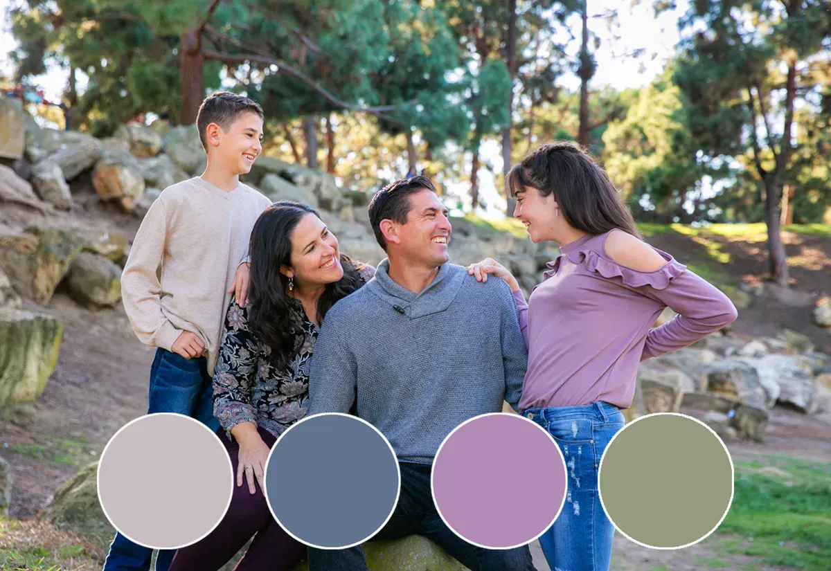 Family portrait examples for park or forest outfit colors