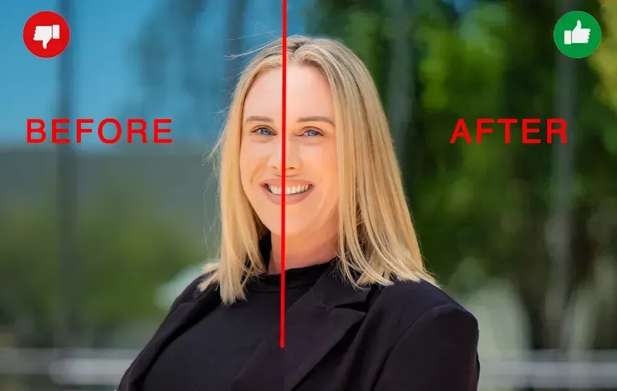 A before and after picture of a woman fly away hairs when retouched