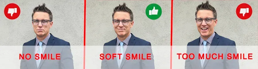 A man in a suit and tie is smiling in three different ways.