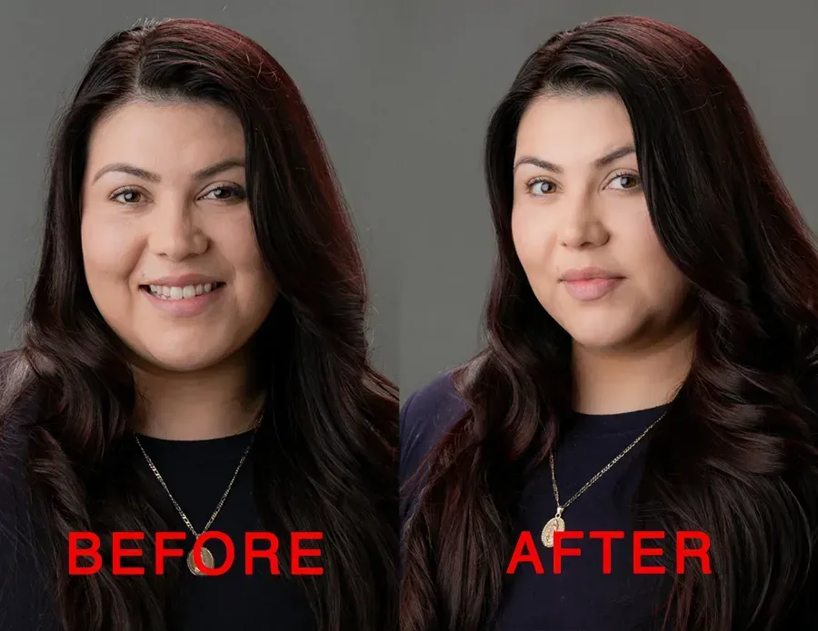 A before and after photo of a woman using her hair to appear slimmer