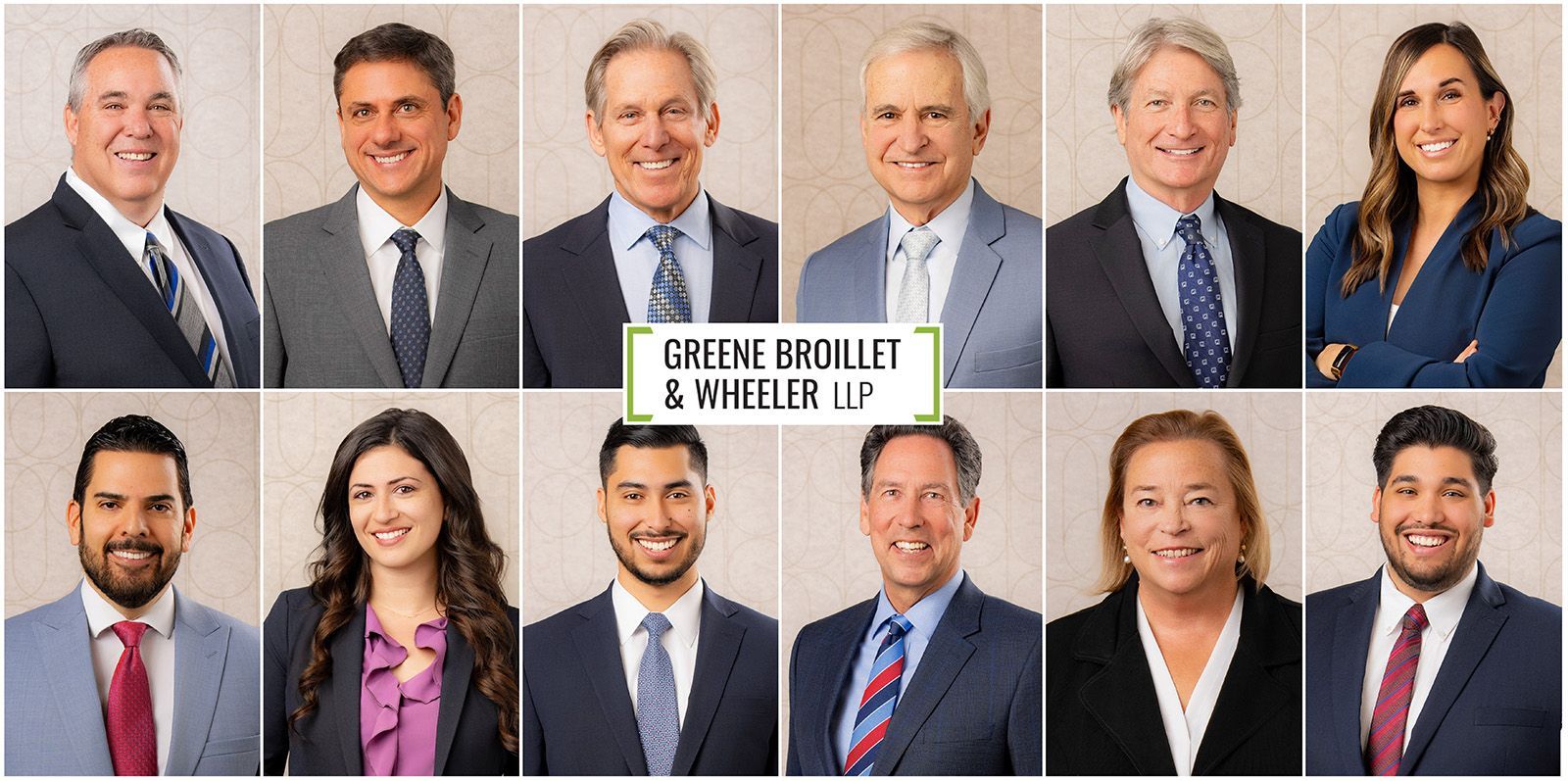 Attorney Headshots Orange County A collage of headshots showing twelve professionals in business attire at Greene Broillet & Wheeler LLP