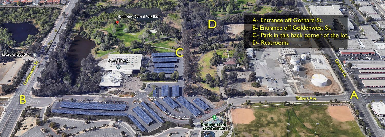 An aerial view of central park and library in Huntington Beach