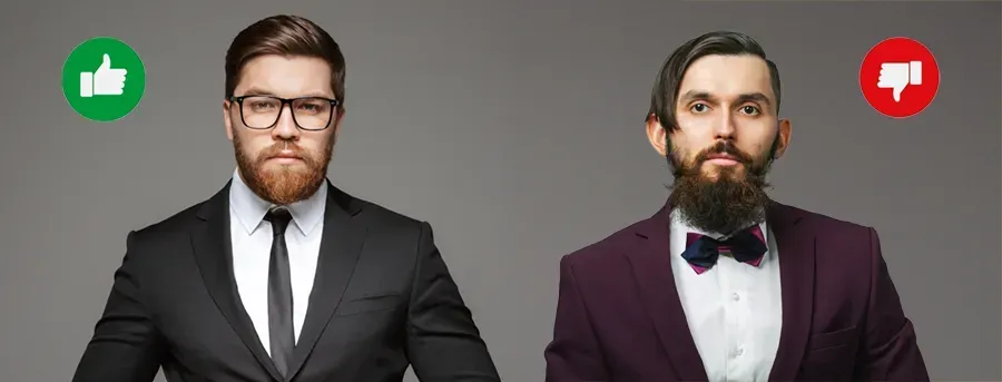 Two men in suits show different beard grooming styles