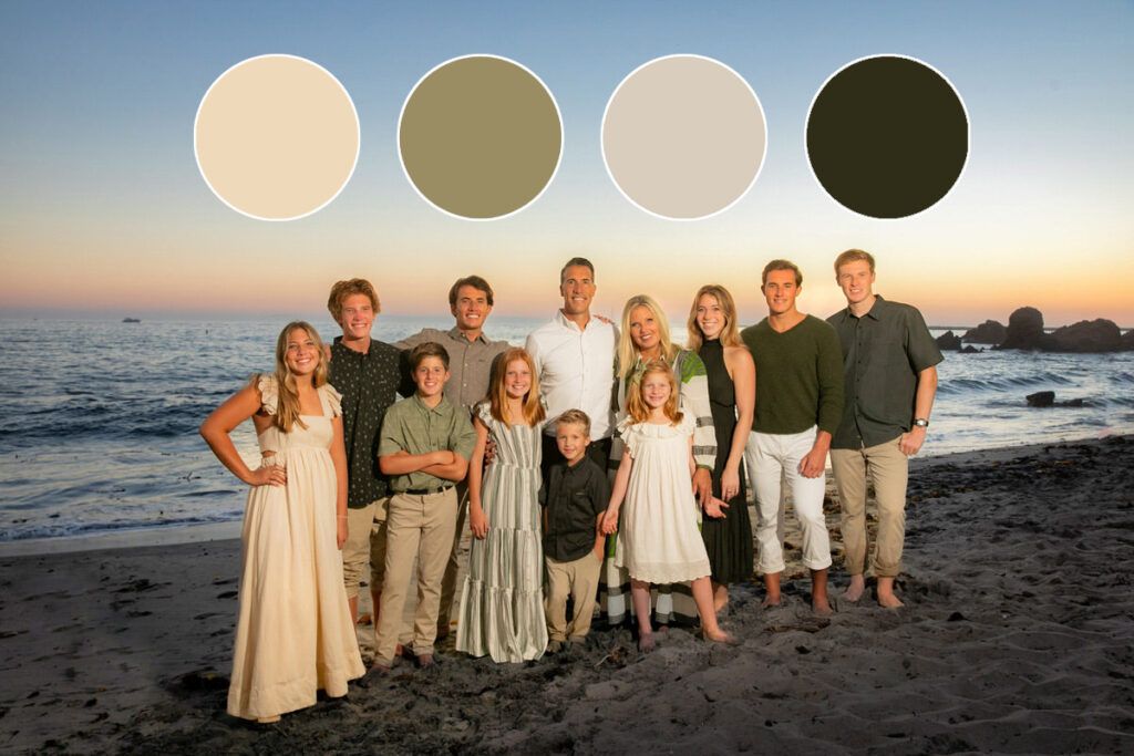 A large family has outfits coordinated with a superimposed color palette 
