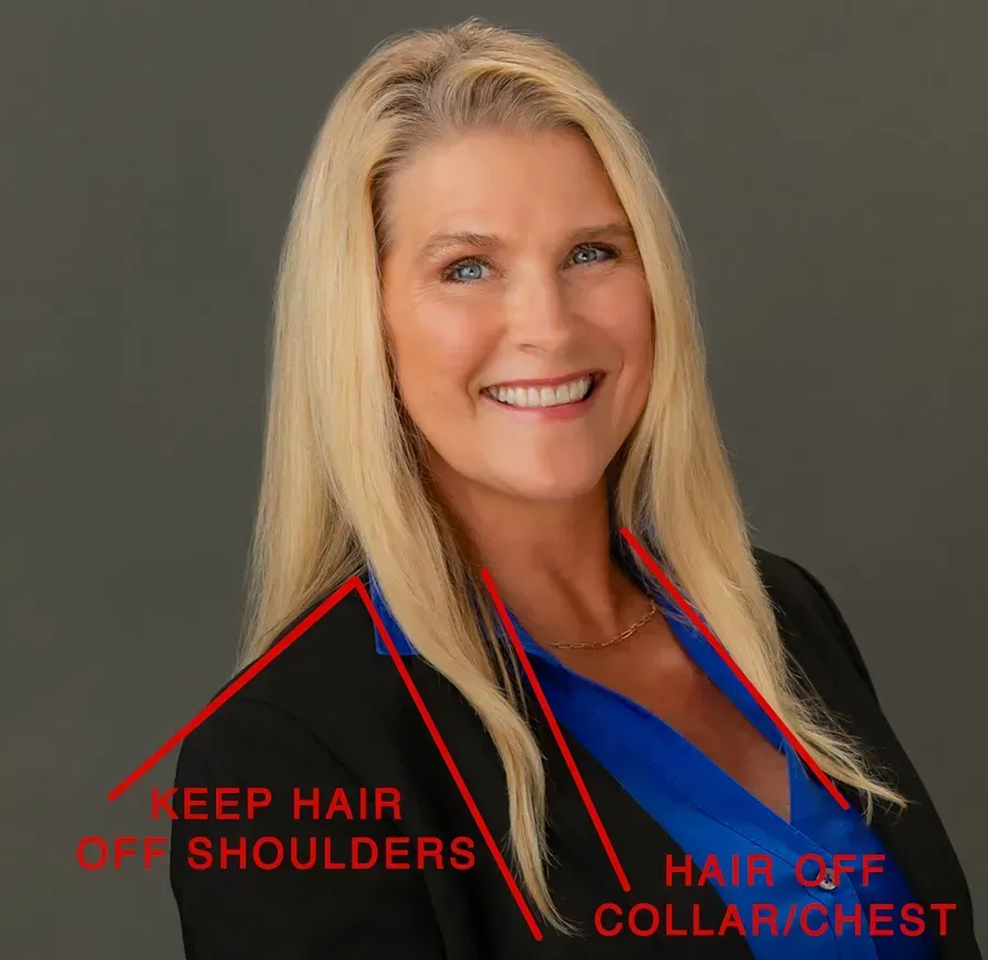 A diagram for the best way to arrange a woman's hair for a headshot 